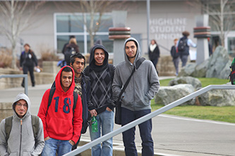 students outside library