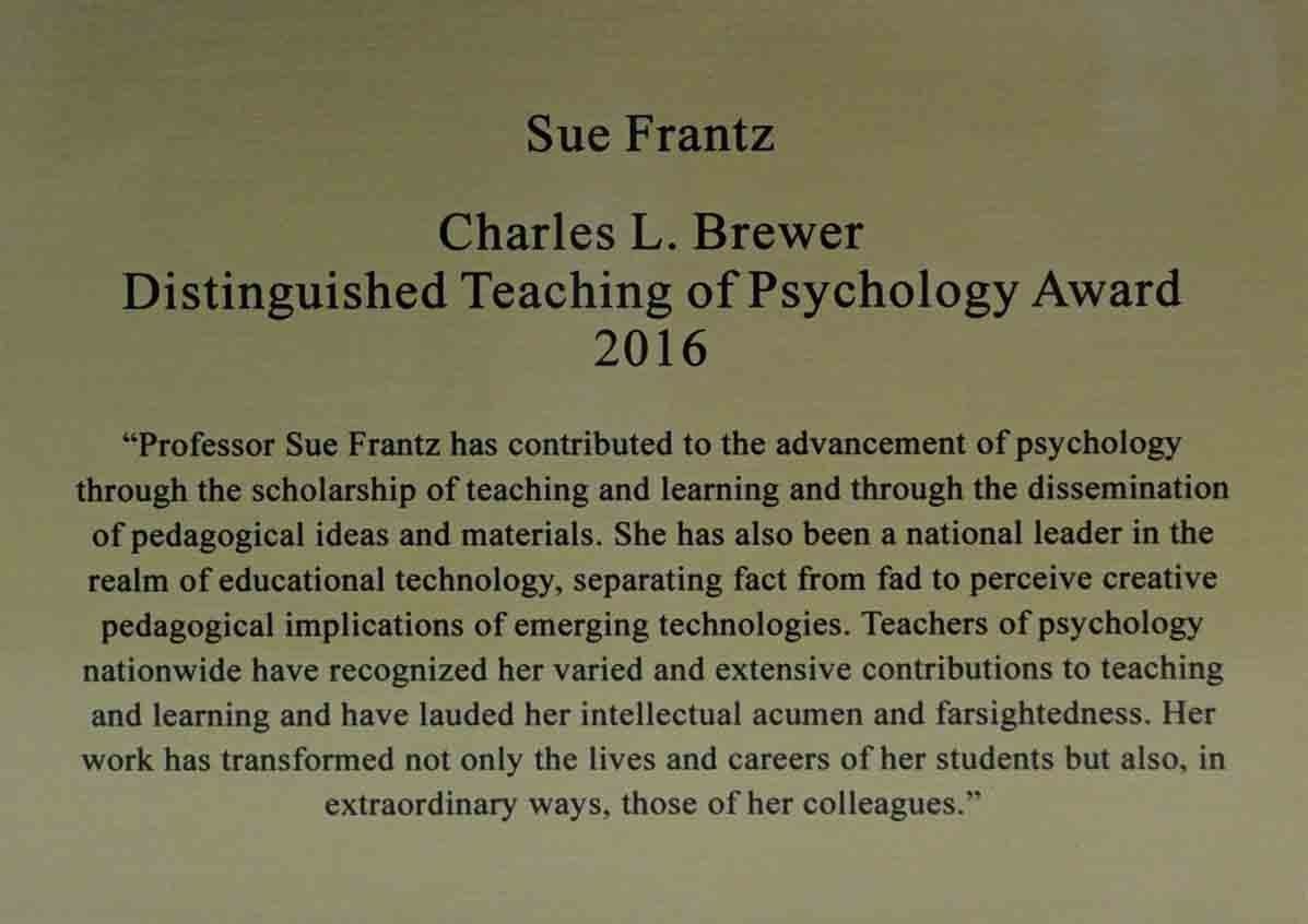 Plaque of Charles L. Brewer Distinguished Teaching of Psychology Award 2016
