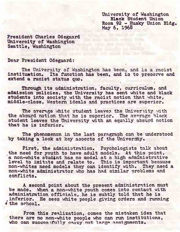 UW BSU letter to President Odegaard, 5-6-1968
