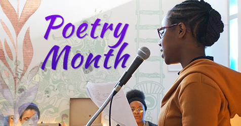 Highline College student reading her poem during Poetry Month